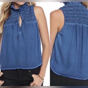 🎉HP🎉FREE PEOPLE Ruffle Me Up Smocked Tie Tank Drawstring Sleeveless Blue sz Med